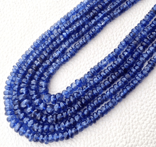 Brand New, AAA Rare Natural Inky BLUE KYANITE Micro Faceted Rondelles,4-4.5mm Size,Full 14 Inch Long Strand.
