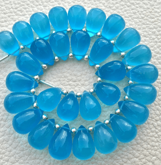 Brand New, 5 Matched Pairs, 12x8mm Long aprx.,NEON APATITE BLUE Chalcedony Smooth Drops Briolettes,Amazing Item at Low Price