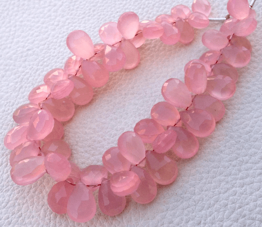 Brand New, Full 7 Inch Long Strand, 7x10mm Pear, ROSE PINK Chalcedony Faceted Pear Shape Briolettes,Superb-Finest Quality