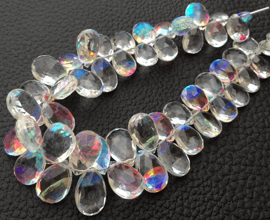 Brand New, 1/2 Strand, FIRE RAINBOW Moonstone Quartz Faceted Pear Shape Briolettes, Superb FIRE Flashy, 10-12mm Long.