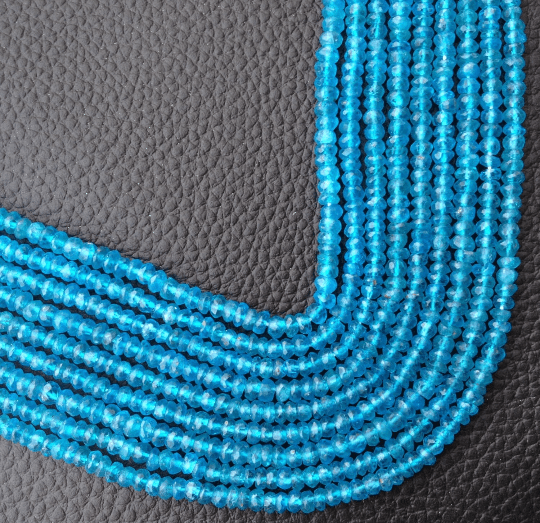 Brand New, RARE Natural NEON Blue Apatite Faceted Rondells, Fine Cutting, Size 3.5mm,Full Strand Rare Colour Apatite
