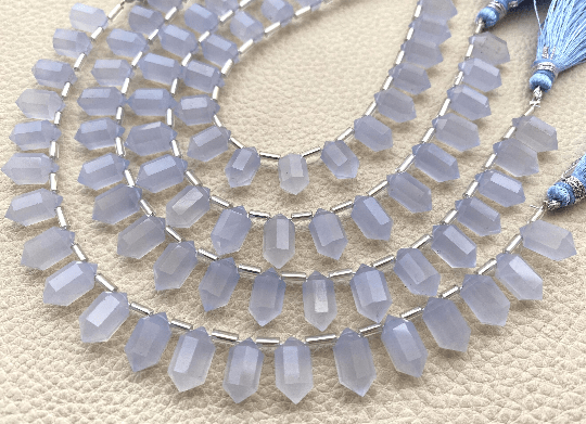 Full 7 Inch Long Strand,Natural HOLLY BLUE CHALCEDONY Faceted 2 Side Pointed Pencil Shape Briolettes,11.50-11mm Long Shape Briolettes.