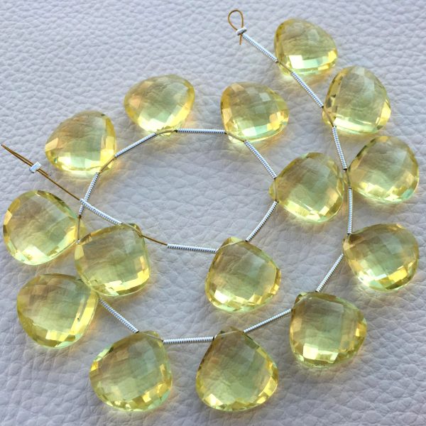 3 Matched Pair, GREEN LEMON Quartz Faceted Heart Shape Briolettes,15x15mm size.Superb Item at Low Price