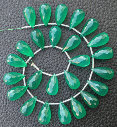 Brand New, 5 Matched Pairs,15mm Long, GREEN ONYX Chalcedony Elongated Micro Faceted Drops Briolettes,Amazing Item at Low Price