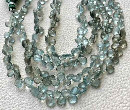 Brand New, Full 7 Inch Long Strand, Superb-MOSS AQUAMARINE Faceted Heart Shape Briolettes, 8-7mm size,Superb Item