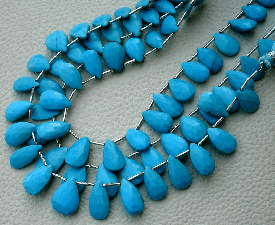8 Inch Long Strand, 8-12mm Long, Natural Turquoise  Faceted Pear Shape Briolettes,Superb-Finest Quality