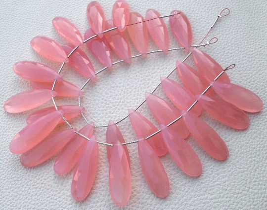 Brand New, 2 Matched Pairs,35mm Long, ROSE PINK Chalcedony Elongated Pear Briolettes,Amazing Item at Low Price