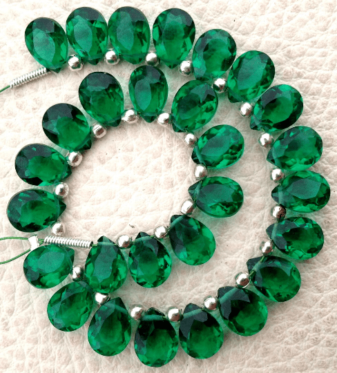 Brand New, Full 6 Inch Strand, EMERALD GREEN QUARTZ Faceted Cut Pear Shape Briolettes,6x8mm size,Superb Item at Low Price