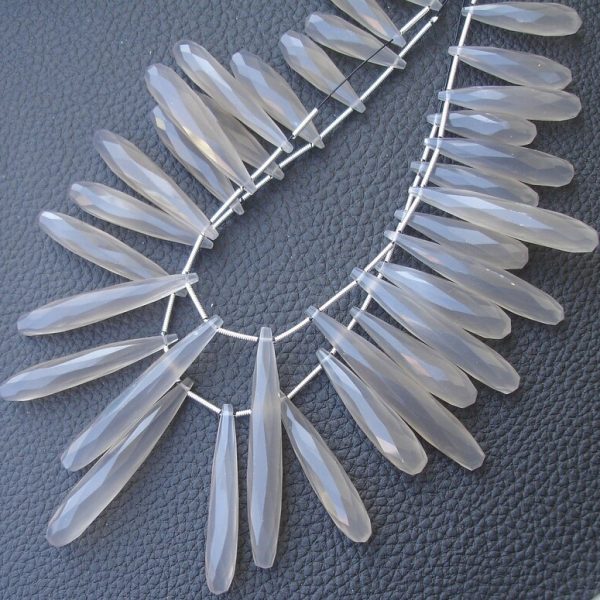 8 Inch Long Strand, 30-35mm Long, GREY Chalcedony Elongated Drops Shape Briolettes,Superb-Finest Quality