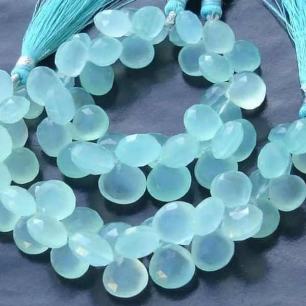 9-10mm Heart Full 6 Inch Strand, Peru Aqua. Blue Chalcedony Faceted HEART Briolettes,GORGEOUS.