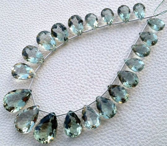 HUGE, Brand New, Full 15 Inch,Superb,21 Huge Pear, aaa Quality, NATURAL GREEN AMETHYST Faceted Cut Stone Pear Shaped Briolettes, 12-20mm Long size.