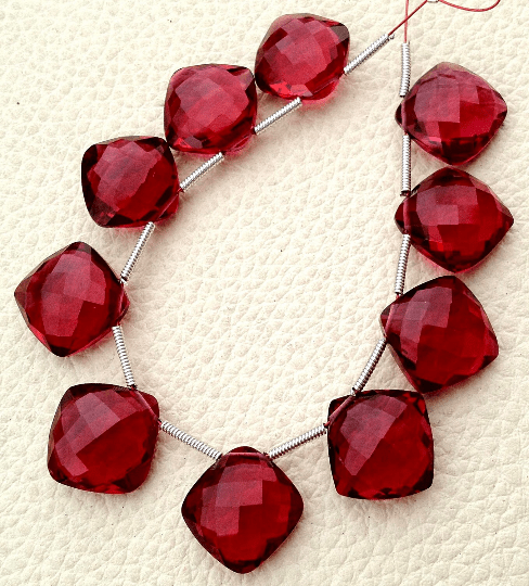 4 Matched pairs, Superb RUBY RED Quartz Faceted CUSHION Shape Briolettes,12x12mm Size,Finest Item