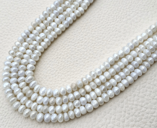 Brand New, Full 8 Inch Strand, Mystic PEARL WHITE SILVERITE Smooth Rondelles,5-5.5mm Amazing Item at Low Price