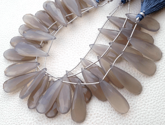 AMAZING, 4 Matched Pair, Superb Quality Extremely GREY CHALCEDONY Faceted Elongated Pear Pair, 35mm Long