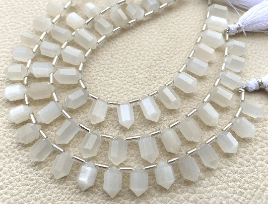 Full 7 Inch Long Strand,Natural WHITE MOONSTONE Faceted 2 Side Pointed Pencil Shape Briolettes,11-10mm Long Shape Briolettes.