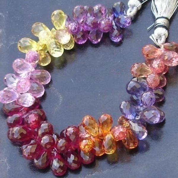 AAA, 30 Pcs of Extremely Beautiful Multi Color Corundum Micro Faceted Tear Drop Briolette 9-10mm LONG, Prettier than Multi Sapphire