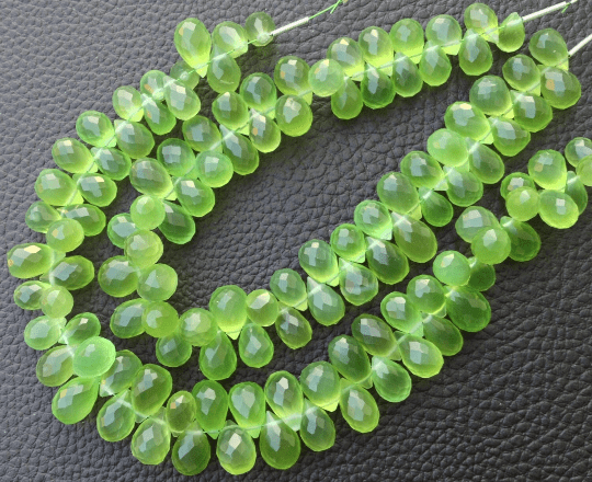 Brand New,6 Inches Strand, Rare PERIDOT GREEN Chalcedony Faceted Drops Briolettes,10-9mm Long size,GORGEOUS.