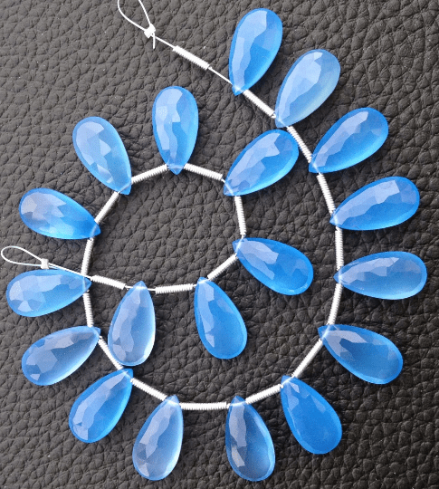 Brand New, 5 Matched Pairs,15mm Long, NEON APATITE BLUE Chalcedony Elongated Faceted Pear Briolettes,Amazing Item at Low Price