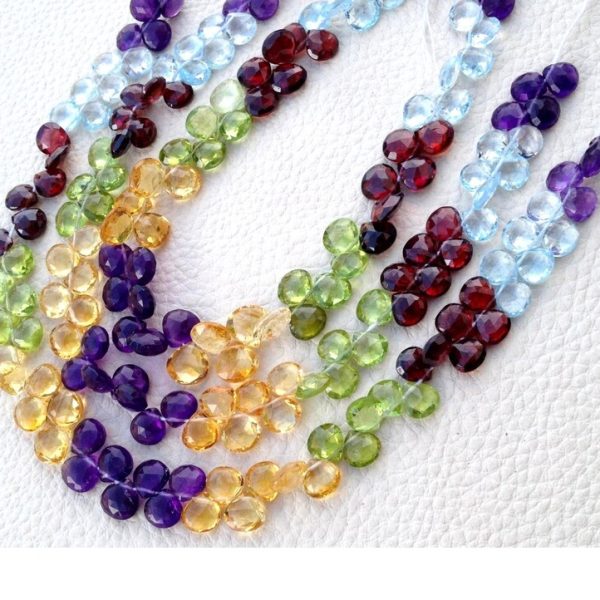 Brand New, 12 Strand, Multi Natural Stones Faceted Heart Shape Briolettes, 6-7mm Aprx.Super,Very Fine Quality.