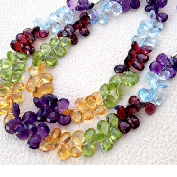 Brand New, 1/2 Strand, Multi Natural Stones Faceted pear Shape Briolettes, 8-7mm Aprx.Super,Very Fine Quality.