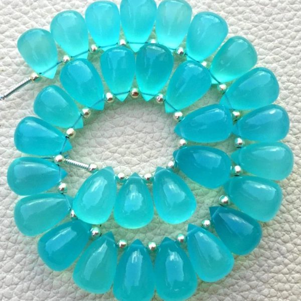 Brand New, 5 Matched Pairs, 12x8mm Long aprx.,Peru AQUA BLUE CHALCEDONY Smooth Drops Briolettes,Amazing Item at Low Price