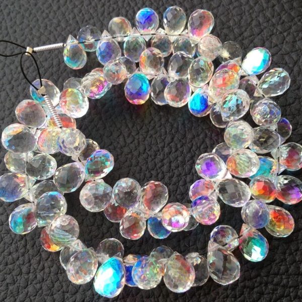 Brand New, FIRE RAINBOW Moonstone Quartz Faceted Drops Shape Briolettes,30 pieces,8-9mm Long, Superb FIRE Flashy
