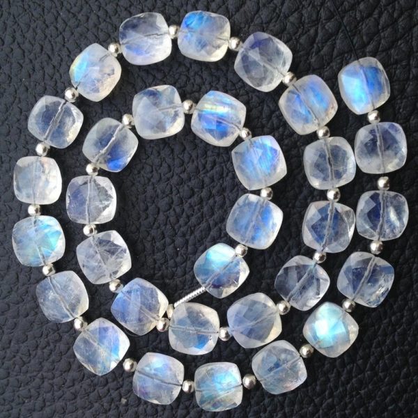 Brand New, Full 6 Inch Strand,Extremely Blue FLASHY Natural RAINBOW Moonstone Faceted Full Drill Cushion Shape, 8x8mm,AMAZING