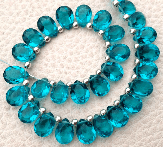 Brand New, Full 6 Inch Strand, PARAIBA BLUE QUARTZ Faceted Cut Pear Shape Briolettes,6x8mm size,Superb Item at Low Price