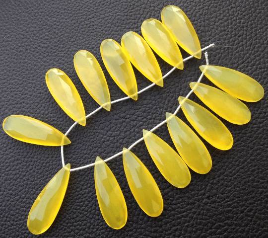 Brand New, 4 Matched Pairs,35mm Long, BRIGHT YELLOW Chalcedony Elongated Pear Briolettes,Amazing Item at Low Price