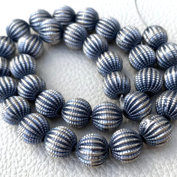 10mm 925 Sterling Silver Navajo Pearls, Beautiful Handmade, Oxidized Corrugated Round Beads,5 Inch String At WHOLESALE PRICE