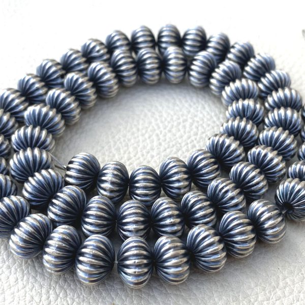 12X9mm 925 Sterling Silver Navajo Pearls, Beautiful Handmade, Oxidized Fluted Bench Saucer Beads,5 Inch String At WHOLESALE PRICE