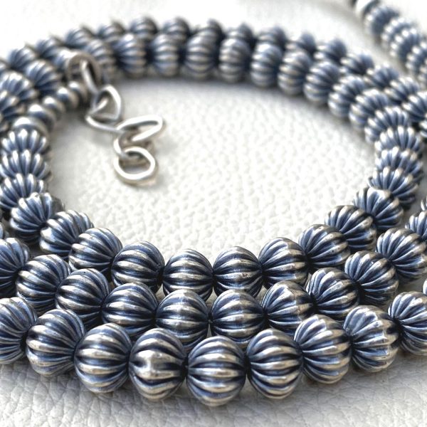 8X6mm 925 Sterling Silver Navajo Pearls, Beautiful Handmade, Oxidized Fluted Bench Saucer Beads,5 Inch String At WHOLESALE PRICE