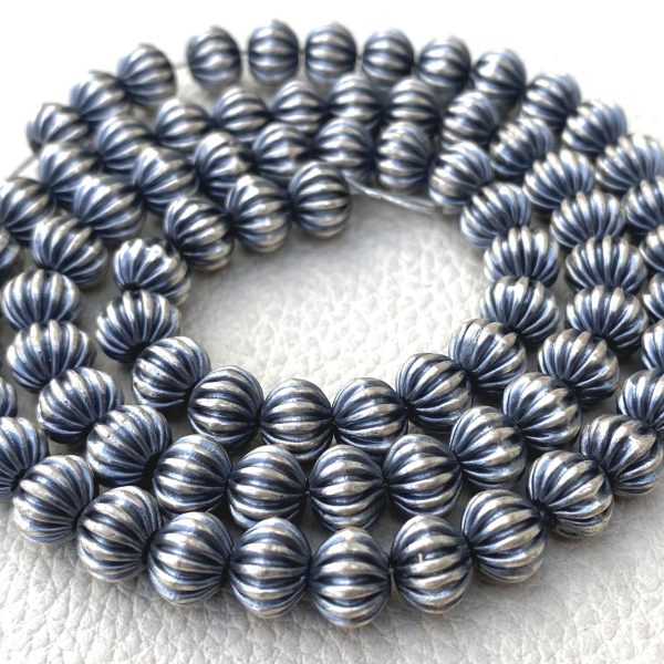 10X7mm 925 Sterling Silver Navajo Pearls, Beautiful Handmade, Oxidized Fluted Bench Saucer Beads,5 Inch String At WHOLESALE PRICE