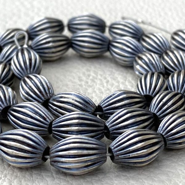 11x7mm Navajo Fluted Rice Pearls,925 Sterling Silver Navajo Pearls, Oxidized Beads,5 Inch String At WHOLESALE PRICE