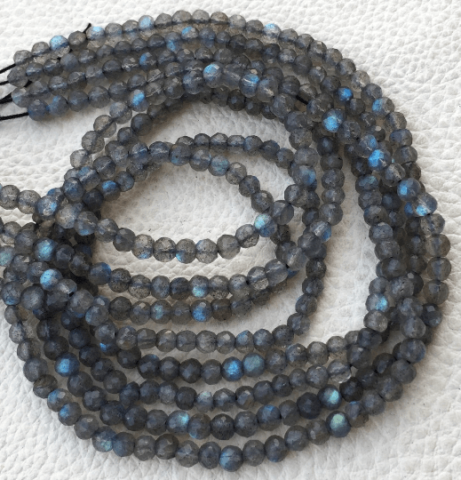 Brand New, Full 13 inch Long Strand, Natural Blue Flashy LABRADORITE Micro Faceted Round Balls,4mm Size,Amazing item at Low Price.