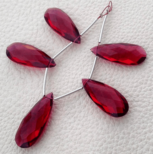 2 Matched Pairs, AMAZING Brand New, Superb Amazing, 25mm Long, RUBY RED Quartz Elongated Faceted Pear pair.Low Price