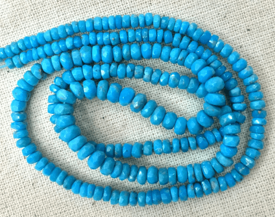 RARE COLOR of AAAAA Natural Arizona Turquoise, Full 15 Inch Strand, 3-4mm Long, Natural Turquoise Faceted Rondells,Superb-Finest Quality