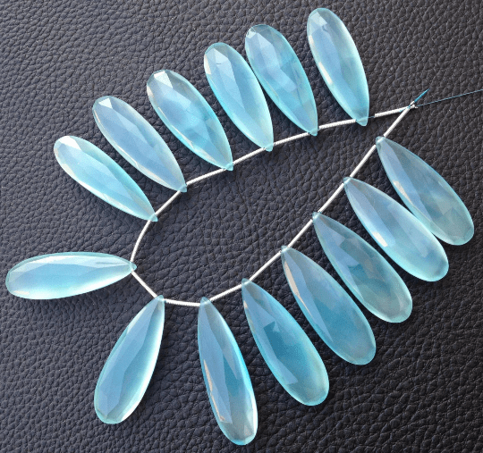 Brand New, 3 Matched Pairs,35mm Long, PERU AQUA BLUE Chalcedony Elongated Pear Briolettes,Amazing Item at Low Price