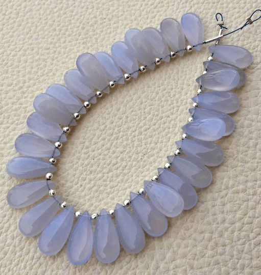 Brand New, 4 Matched Pairs, 15x7mm Long aprx. NATURAL HOLLY BLUE Chalcedony Smooth Pear Briolettes,Amazing Item at Low Price