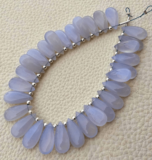 Brand New, 4 Matched Pairs, 15x7mm Long aprx. NATURAL HOLLY BLUE Chalcedony Smooth Pear Briolettes,Amazing Item at Low Price