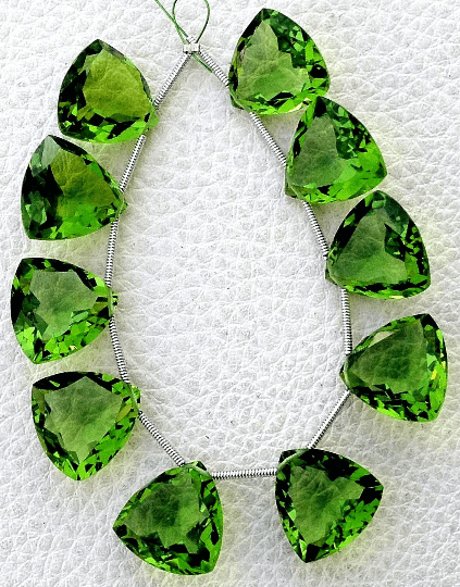 4 Matched pairs, Superb PARROT Green Quartz Faceted CUT Trillion Shape Briolettes,14X14mm Size,Finest Item