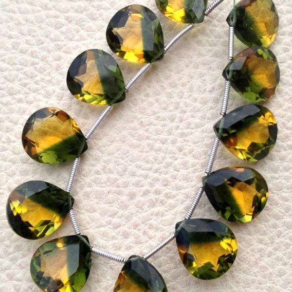 4 Matched pairs, Superb Bio ( Yellow-Green ) Quartz, New Cut Faceted Heart Shape Briolettes,12x14mm Long,Superb