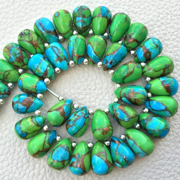 3 Matched Pair, OYSTER Green-Blue COPPER Turquoise Smooth Drops Shape Briolettes, 12x8mm size.Superb Item at Low Price.