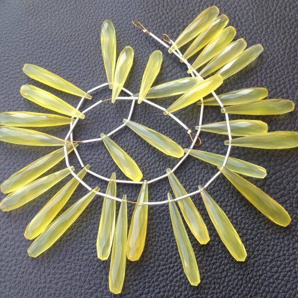 10 Inch Long Strand, 30-35mm Long, Lemon Yellow Chalcedony Elongated Drops Shape Briolettes,Superb-Finest Quality