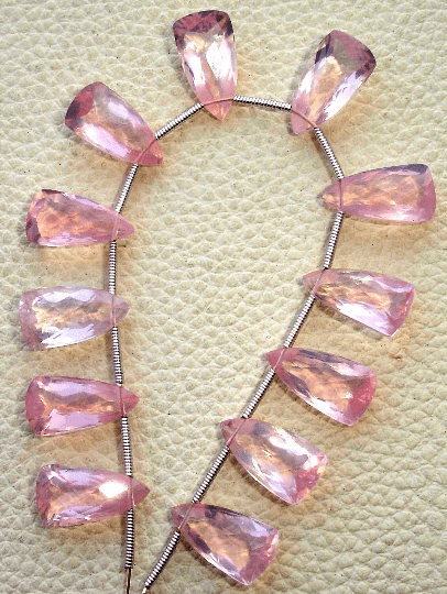 3 Matched Pairs, MADAGASCAR ROSE Quartz Faceted Elongated Pyramid Shape Briolettes,15x8mm size.Superb Item at Low Price