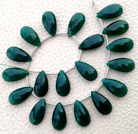 Brand New, 5 Matched Pairs,15mm Long, DEEP EMERALD GREEN Onyx Chalcedony Elongated Faceted Pear Briolettes,Amazing Item at Low Price