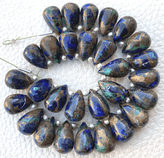 Brand New,3 Matched Pair, Copper Azurite-Malachite OYSTER Copper Turquoise Smooth Drops Shape Briolettes, 12x8mm size.Superb Item.