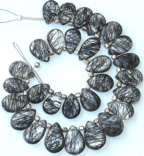 Wholesale Price, 25 Pieces, Full Strand, 9-10mm, Gorgeous Item, Natural Ceylon Black Rutilated Quartz Faceted PEAR shaped briolettes