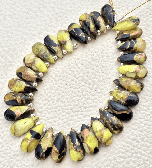 4 Matched Pair, YELLOW Copper Obsidian Smooth PEAR Shape Briolettes, 15x7mm size.Superb Item at Low Price