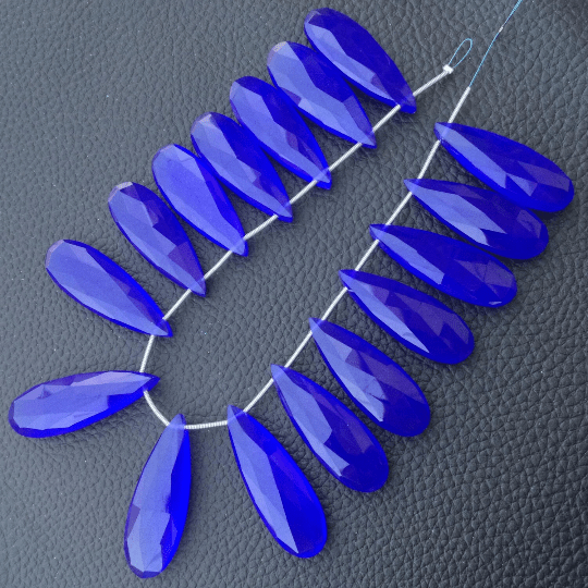 Brand New, 4 Matched Pairs,35mm Long, DEEP COBALT BLUE Chalcedony Elongated Pear Briolettes,Amazing Item at Low Price